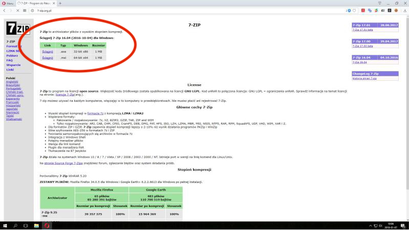 Okienko przedstawiające pobranie programu 7-zip, czerwonym okręgiem zaznaczono przycisk Pobierz